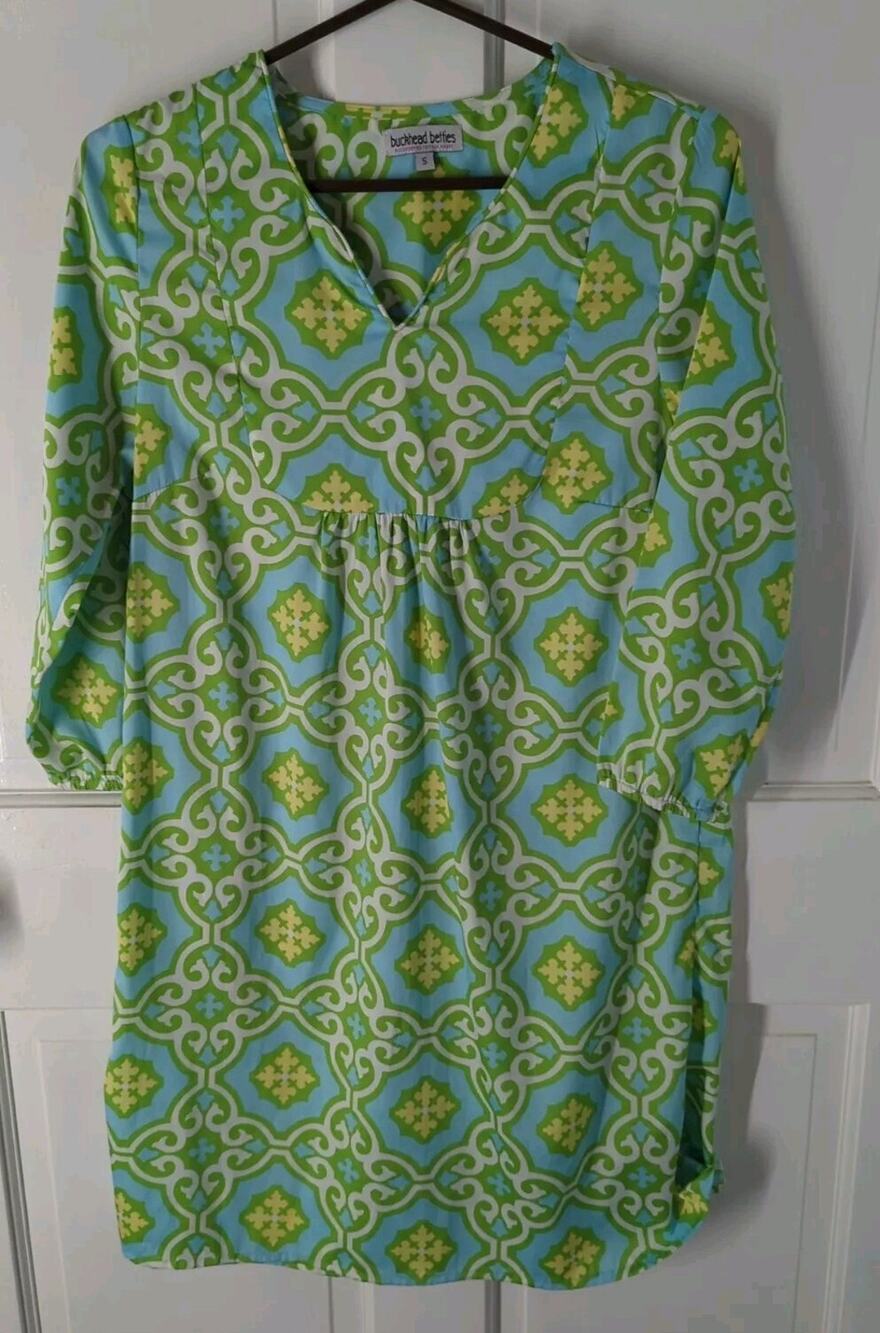Buckhead Betties Dress Small "Call Me" Turquoise Damask Crop Sleeves Shift Dress